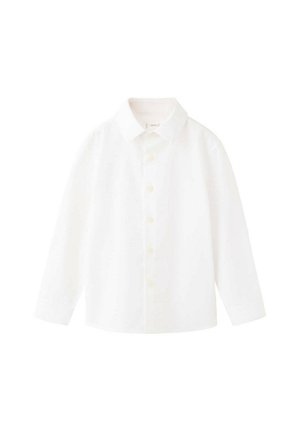 Chemise blanche à manches longues, boutonnée, avec col pointu et poignets standards, présentée sur un fond blanc uni.