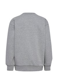 Grauer Sweatshirt aus weichem Stoff, mit Rundhalsausschnitt, langen Ärmeln sowie gerippten Bündchen und Saum, mit glatter Textur.