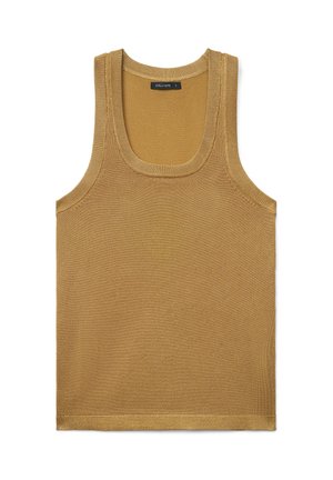 Canotta a maglia senza maniche di colore senape con scollo a U e bordi a coste, taglia piccola.