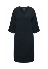 Vestito lavorato a maglia blu scuro con scollatura a V, maniche corte e dettagli a coste nei polsini. Presenta una leggera cucitura verticale nel colletto.