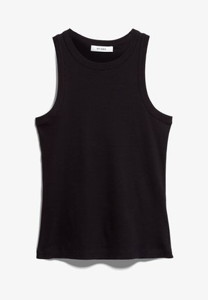 Svart tank topp laget av ribbestrikket stoff. Har rund halslinning og brede armhull. Rett nederkant med sømdetaljer. Enkelt design.