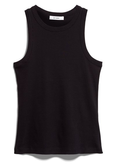 Must mustre vest, mis on valmistatud ribakudumist. Omab ümmargust kaelust ja laiad käeaugud. Sirge ääreosa koos õmmeldud detailidega. Lihtne disain.