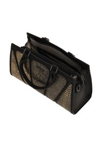 Zwarte handtas met gouden slangenprint accent, ritssluiting, dubbele hengsels en binnenzakken. Gestructureerde leren afwerking.