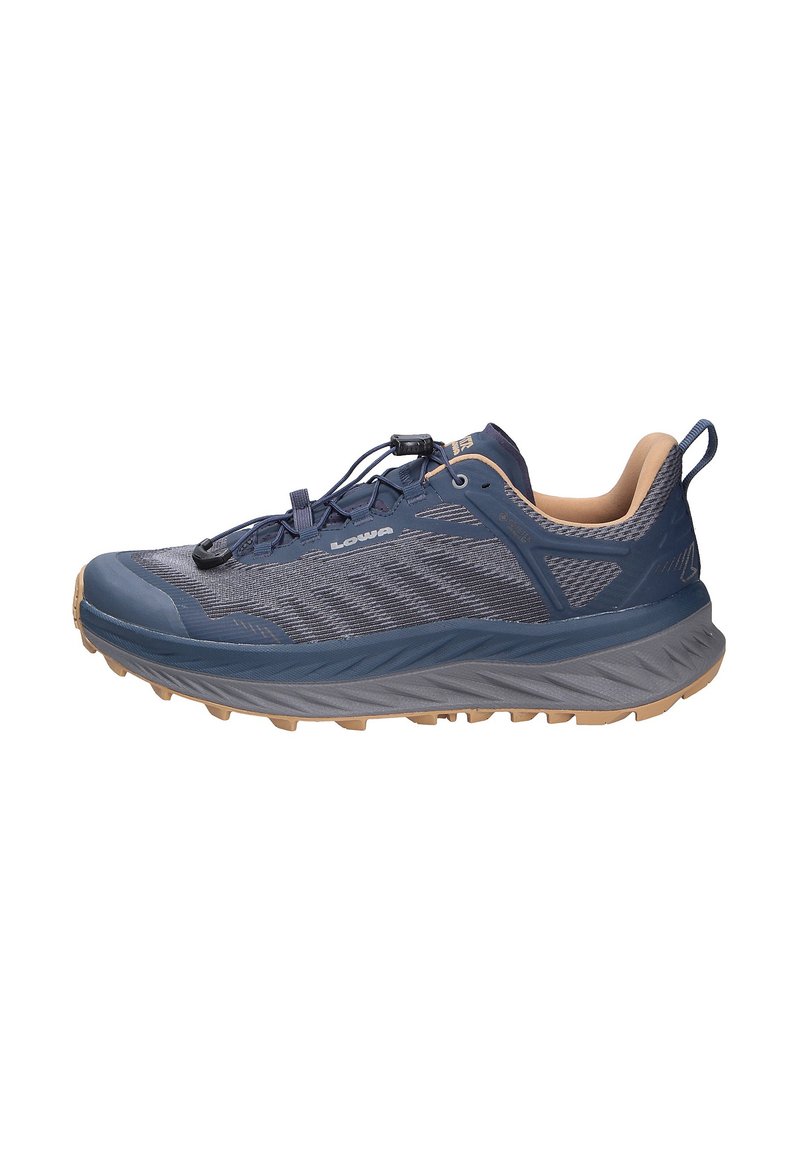 Blaue, flache Sportschuhe mit einem strukturierten Mesh-Obermaterial, einer ausgeprägten Dämpfsohle und einer Gummisohle mit Traktionsnoppen.