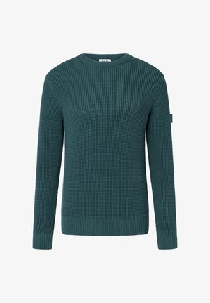 Dark green knitted long-sleeve crewneck sweater with a textured pattern and ribbed cuffs and hem.
