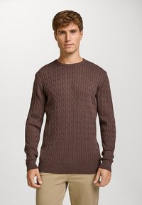 Bruine gebreide trui met een gestructureerd kabelpatroon, ronde hals en geribbelde manchetten. Draagt over lichtbeige broek, heeft lange mouwen.