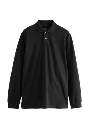 Musta pitkähihaisen polopusero kauluksella, kahdella valkoisella napilla, resorireunuksilla ja hillityllä kirjotulla logolla rinnassa.