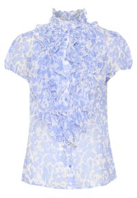 Blouse bleu clair avec un design à volants, manches courtes, imprimé floral et fermeture à boutons. Fabriquée dans un tissu doux et léger.