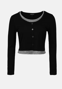 Black cropped long-sleeve top with a gray inner collar, featuring a button-down front and a textured gray hemline. Soft fabric, simple design.