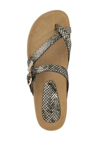 Zwarte en metallic flip-flops met kruislings banden, een gestructureerde oppervlakte die lijkt op slangenhuid, een gevoerde tan voetbed en een klein gespdetail.