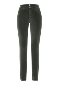 Mørkegrønne kordfløjlsbukser med slim fit, som har knaplukning, forlommer og en glat, struktureret finish.