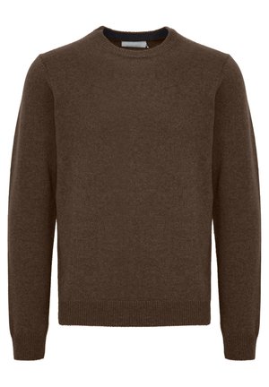 Brun striktrøje med rund halsudskæring, lange ærmer, ribkantede manchetter og kant. Fremstillet af blødt, tekstureret materiale. Ingen mønstre eller detaljer synlige.
