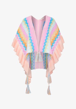 Gehaakte poncho in pastelkleuren met zigzagpatronen. Het heeft een gerimpelde rand en franjes aan de onderkant. Zachte textuur en een open voorkant.