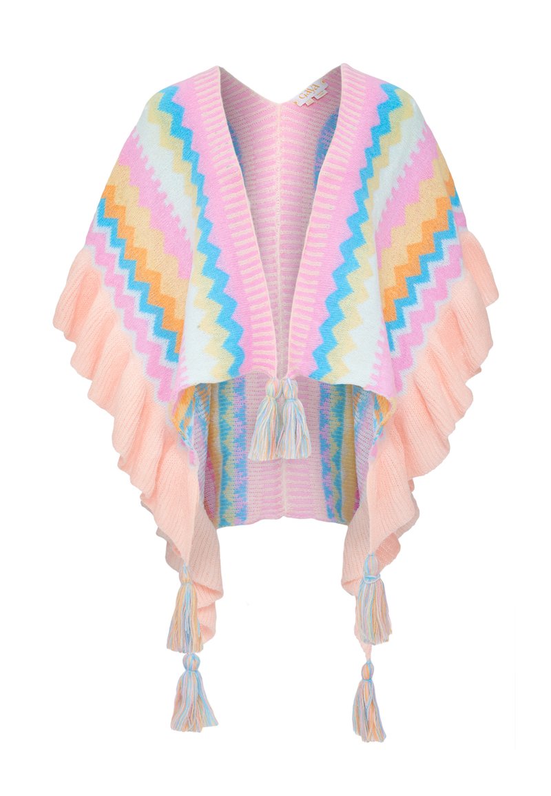 Stickad poncho i pastellfärger med zigzag-mönster. Har en volangkant och fransar vid fållen. Mjuk textur och öppen framsidesdesign.