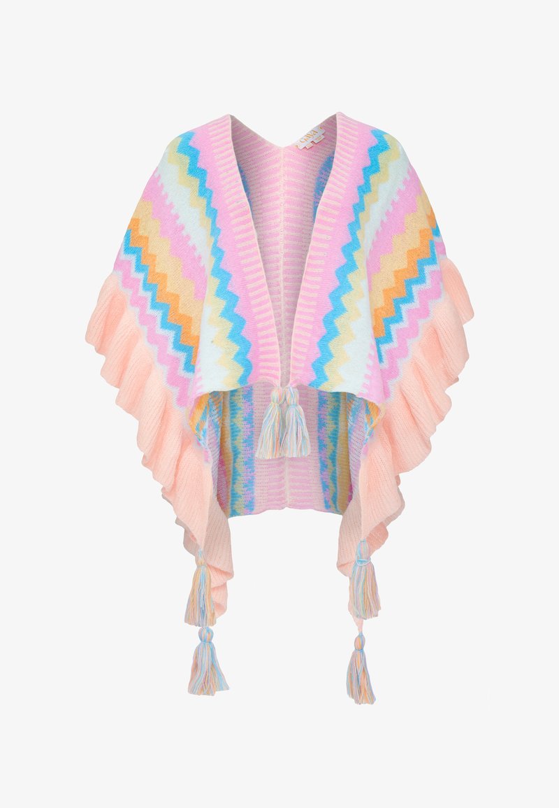 Gehaakte poncho in pastelkleuren met zigzagpatronen. Het heeft een gerimpelde rand en franjes aan de onderkant. Zachte textuur en een open voorkant.
