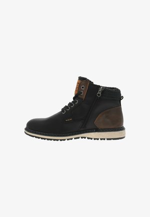 Bottines en cuir noir avec des accents marron, fermeture éclair sur le côté, col texturé et semelle blanche. Conception durable avec des détails de couture contrastés.