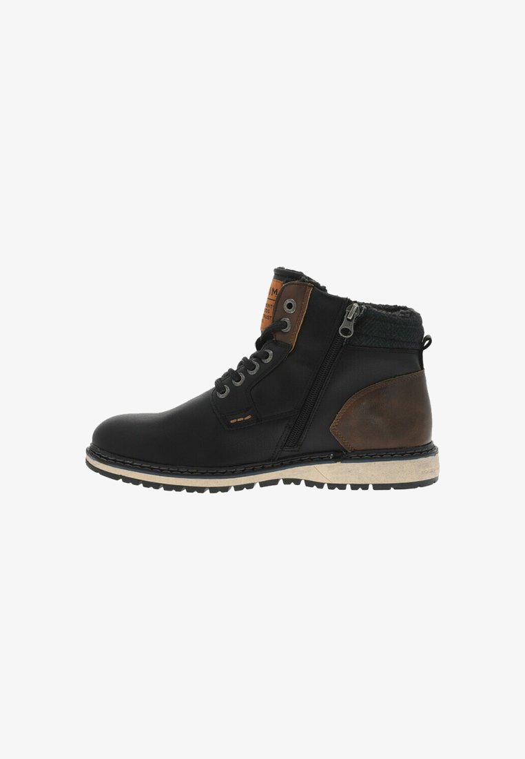 Bottines en cuir noir avec des accents marron, fermeture éclair sur le côté, col texturé et semelle blanche. Conception durable avec des détails de couture contrastés.