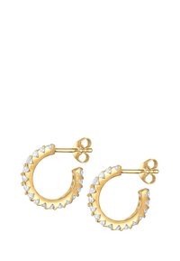 Goldene Ohrhänger mit spitz zulaufenden Akzenten und klaren Edelstein-Verzierungen, ausgestattet mit einer sicheren Steckverschluss und glatter Textur.