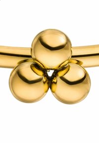 Goldfarbener Armband mit drei kugelförmigen Akzenten, die durch ein glattes, gewelltes Band verbunden sind. Die Kugeln haben eine reflektierende, polierte Oberfläche.