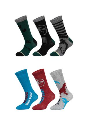 Six pairs of colorful crew socks featuring dinosaur prints and Jurassic World text in green, black, grey, blue, red, and grey with blue accents.
