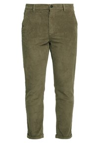 Olivgröna kordflugebyxor med smal passform, med knappstängning, sidfickor och uppvikta fållar för en sofistikerad look.