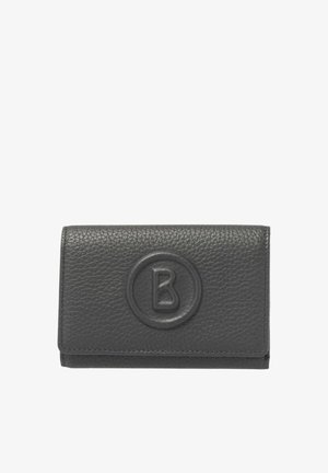 Portefeuille en cuir gris foncé avec une finition texturée, doté d'un logo circulaire en relief. Forme compacte et rectangulaire avec des coutures visibles.