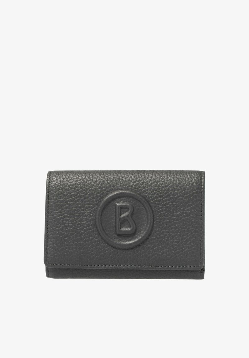 Portafoglio in pelle grigio scuro con finitura testurizzata, caratterizzato da un logo circolare in rilievo. Forma compatta e rettangolare con cuciture visibili.