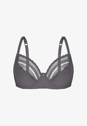 Grau gestreifter BH mit Spitzenverzierung, verstellbaren Trägern und einem kleinen Herz-Detail in der Mitte. Glatte Stoffstruktur.