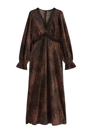 Abito midi a maniche lunghe con stampa animalier marrone e nera, scollo a V, rifinitura in pizzo sul busto e polsini arricciati.