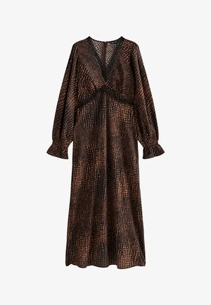 Abito midi a maniche lunghe con stampa animalier marrone e nera, scollo a V, rifinitura in pizzo sul busto e polsini arricciati.