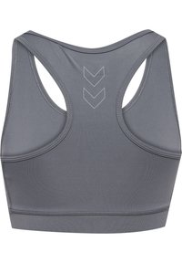 Grå sportbh med racerback-design, slät textur och tre nedåtriktade pilar i ljusgrått på den övre delen av ryggen.