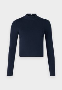 Haut à manches longues côtelé bleu marine avec un col montant et un design cropped. Fabriqué en tissu texturé avec un style minimaliste.