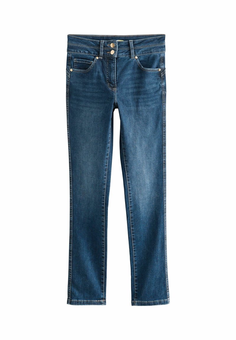Jeans iz temno modrega jeansa s ravno hlačnico, petimi žepi in kovinskimi gumbi. Imajo svetlo bledenje in ojačano šivanje.