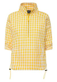 Pullover giallo e bianco a quadretti con colletto a zip 1/4, maniche di lunghezza media e orlo con coulisse per una vestibilità regolabile. Tessuto leggero.