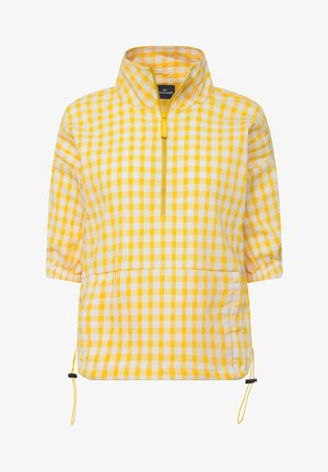 Żółto-biała w kratę bluza z zamkiem błyskawicznym 1/4, rękawami o długości średniej oraz ściągaczem w dolnej części, umożliwiającym regulację dopasowania. Lekka tkanina.