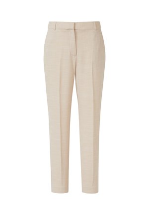 Beige tailored trousers with belt loops, front crease, and a hidden front fastening, shown on a white background.