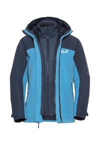 Veste imperméable bicolore en bleu clair et bleu marine, avec une capuche, une fermeture éclair et des poches latérales avec des poignets élastiques.