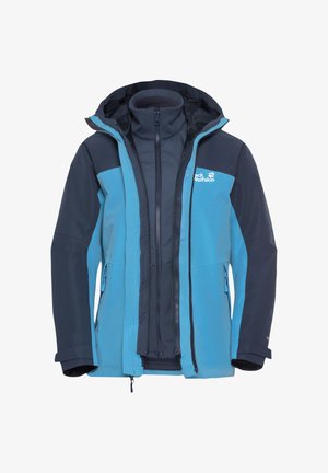 Tweedelige waterdichte jas in lichtblauw en donker marineblauw, met een capuchon, ritssluiting en zijzakken met elastische manchetten.