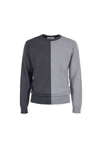 Szary i ciemnoszary sweter z okrągłym dekoltem, ściągaczami przy mankietach i u dołu; wyróżnia się wzornictwem w blokach kolorystycznych o gładkiej fakturze.