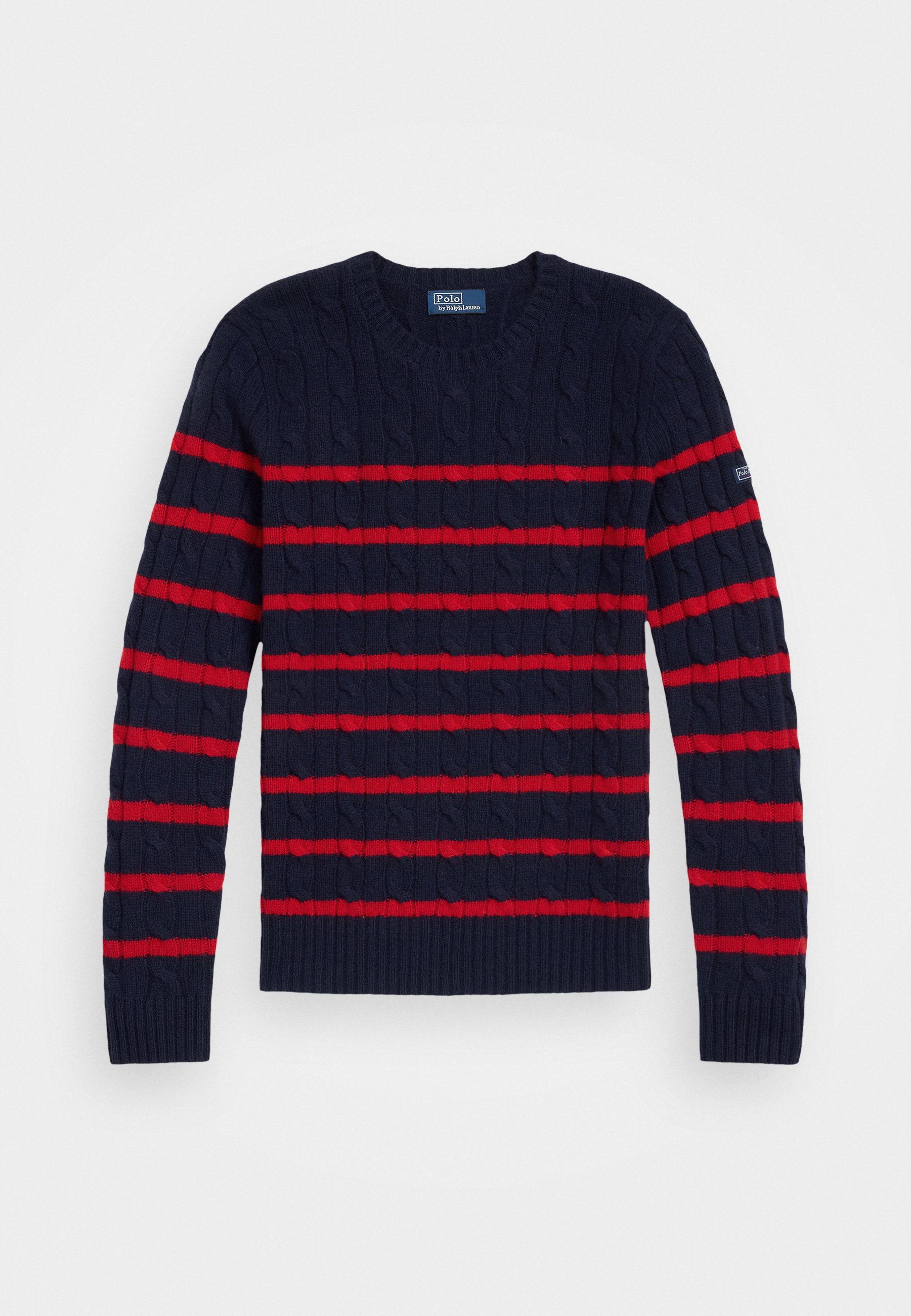 Navy blue cable-knit sweater with horizontal red stripes. Features a ribbed neckline and cuffs. Brand label on the left sleeve.