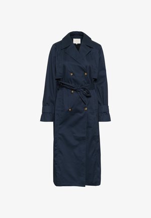 Marineblauer Trenchcoat aus leichtem Stoff. Mit doppelter Knopfleiste, Knopfakzenten und Taillengürtel mit hochgekrempelten Ärmeln.
