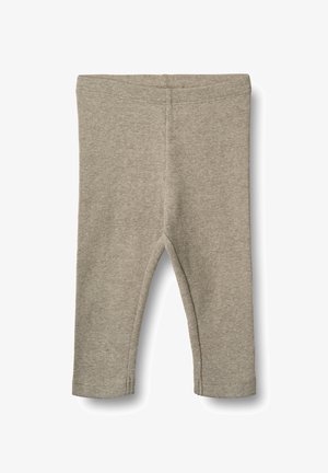 Beżowe prążkowane legginsy dla maluchów z elastycznym pasem, sięgające do kostek, wykonane z miękkiej, elastycznej tkaniny.