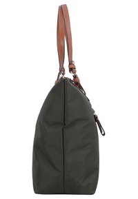 Borsa a spalla in tessuto verde scuro con accenti in pelle marrone, dotata di chiusura con zip e spallaccio singolo regolabile, forma triangolare e texture morbida.