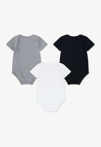 Three short-sleeve bodysuits in grey, white, and black. Made of soft cotton, features snap closures at the bottom and a classic fit.