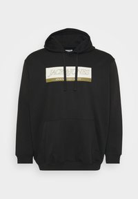 Black hoodie with a front kangaroo pocket, featuring a white and gold logo print. Soft fabric, adjustable drawstring hood, ribbed cuffs.