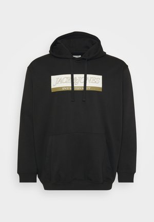 Black hoodie with a front kangaroo pocket, featuring a white and gold logo print. Soft fabric, adjustable drawstring hood, ribbed cuffs.