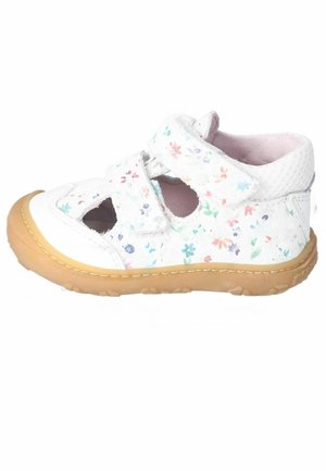 Hvid småbørns-sandal med farverigt blomsterprint, to justerbare remme, åben tå og lys brun gummisål.