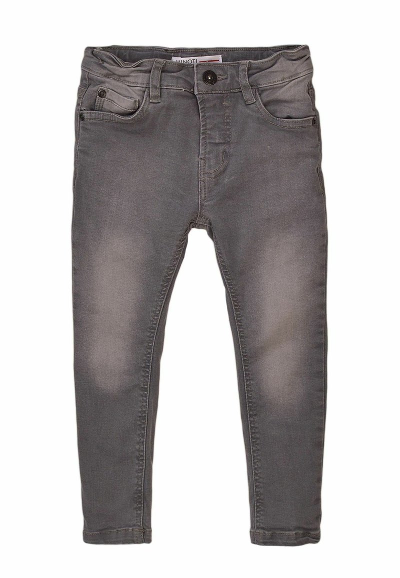 Jean skinny en denim gris avec une texture décolorée, design à cinq poches et fermeture à bouton à la taille. Ourlet propre sans usure visible.