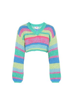 Gehaakte cropped sweater met groene, blauwe, roze en gele strepen, voorzien van een V-hals en lange mouwen. Textuur gebreide stof.