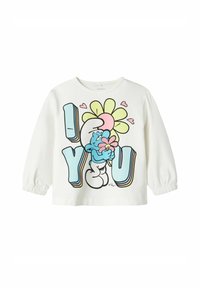 Biała koszula z długim rękawem z postacią z kreskówki trzymającą kwiaty, z napisem "I ♥️ YOU" w kolorowych literach, wykonana z miękkiej bawełny, z elastycznymi mankietami.